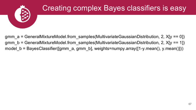 Creating complex Bayes classifiers is easy
67
gmm_a = GeneralMixtureModel.from_samples(MultivariateGaussianDistribution, 2, X[y == 0])
gmm_b = GeneralMixtureModel.from_samples(MultivariateGaussianDistribution, 2, X[y == 1])
model_b = BayesClassifier([gmm_a, gmm_b], weights=numpy.array([1-y.mean(), y.mean()]))
