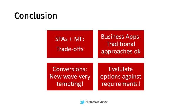 @ManfredSteyer
SPAs + MF:
Trade-offs
Business Apps:
Traditional
approaches ok
Conversions:
New wave very
tempting!
Evalulate
options against
requirements!
