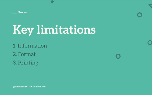 @petewsmart - UX London 2014
Process
Key limitations
1. Information
2. Format
3. Printing

