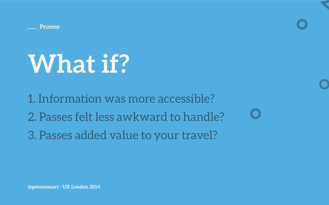 @petewsmart - UX London 2014
Process
What if?
1. Information was more accessible?
2. Passes felt less awkward to handle?
3. Passes added value to your travel?
