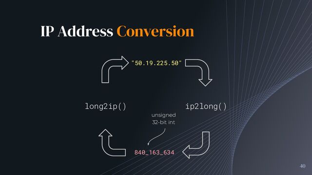 IP Address Conversion
40
"50.19.225.50"
840_163_634
ip2long()
long2ip()
unsigned
32-bit int
