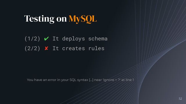 Testing on MySQL
52
(1/2) ✔ It deploys schema
(2/2) ✘ It creates rules
You have an error in your SQL syntax [...] near 'ignore = ?' at line 1
