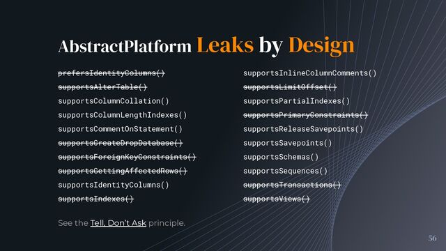 AbstractPlatform Leaks by Design
56
prefersIdentityColumns()
supportsAlterTable()
supportsColumnCollation()
supportsColumnLengthIndexes()
supportsCommentOnStatement()
supportsCreateDropDatabase()
supportsForeignKeyConstraints()
supportsGettingAffectedRows()
supportsIdentityColumns()
supportsIndexes()
supportsInlineColumnComments()
supportsLimitOffset()
supportsPartialIndexes()
supportsPrimaryConstraints()
supportsReleaseSavepoints()
supportsSavepoints()
supportsSchemas()
supportsSequences()
supportsTransactions()
supportsViews()
See the Tell, Don’t Ask principle.

