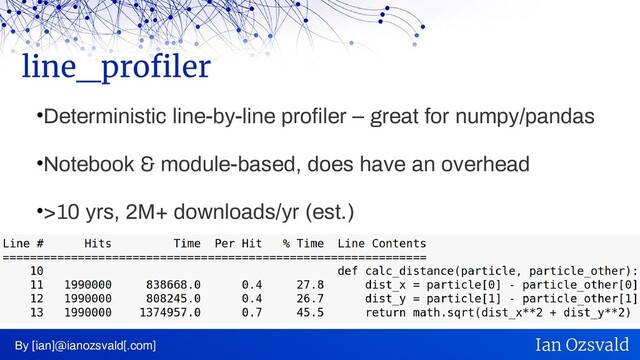 •Deterministic line-by-line profiler – great for numpy/pandas
•Notebook & module-based, does have an overhead
•>10 yrs, 2M+ downloads/yr (est.)
line_profiler
By [ian]@ianozsvald[.com] Ian Ozsvald
