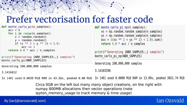 Prefer vectorisation for faster code
By [ian]@ianozsvald[.com] Ian Ozsvald
Circa 0GB on the left but many many object creations, on the right with
numpy 800MB allocations then vector operations (note
ipyton_memory_usage to track memory & time usage)
