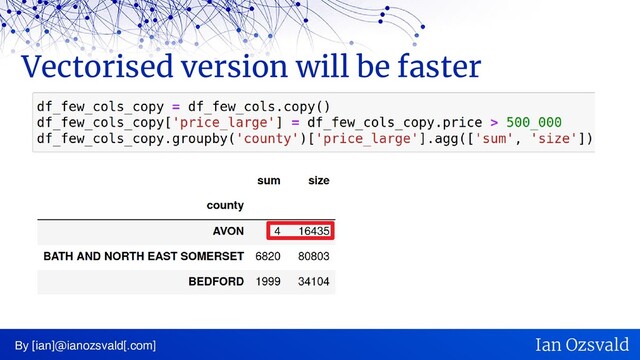 Vectorised version will be faster
By [ian]@ianozsvald[.com] Ian Ozsvald
