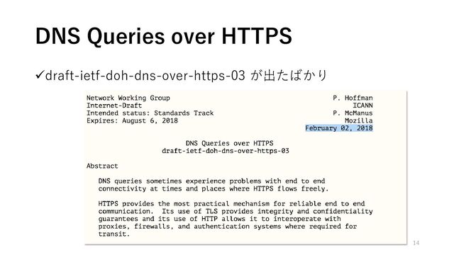 DNS Queries over HTTPS
✓draft-ietf-doh-dns-over-https-03 が出たばかり
14
