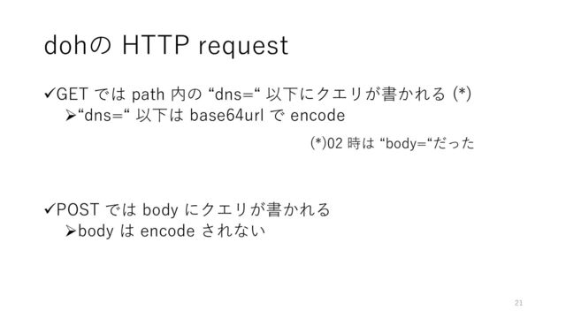 dohの HTTP request
✓GET では path 内の “dns=“ 以下にクエリが書かれる (*)
➢“dns=“ 以下は base64url で encode
✓POST では body にクエリが書かれる
➢body は encode されない
(*)02 時は “body=“だった
21
