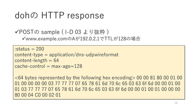 dohの HTTP response
✓POSTの sample ( I-D 03 より抜粋 )
✓www.example.comのAが192.0.2.1でTTLが128の場合
:status = 200
content-type = application/dns-udpwireformat
content-length = 64
cache-control = max-age=128
<64 bytes represented by the following hex encoding> 00 00 81 80 00 01 00
01 00 00 00 00 03 77 77 77 07 65 78 61 6d 70 6c 65 03 63 6f 6d 00 00 01 00
01 03 77 77 77 07 65 78 61 6d 70 6c 65 03 63 6f 6d 00 00 01 00 01 00 00 00
80 00 04 C0 00 02 01
28
