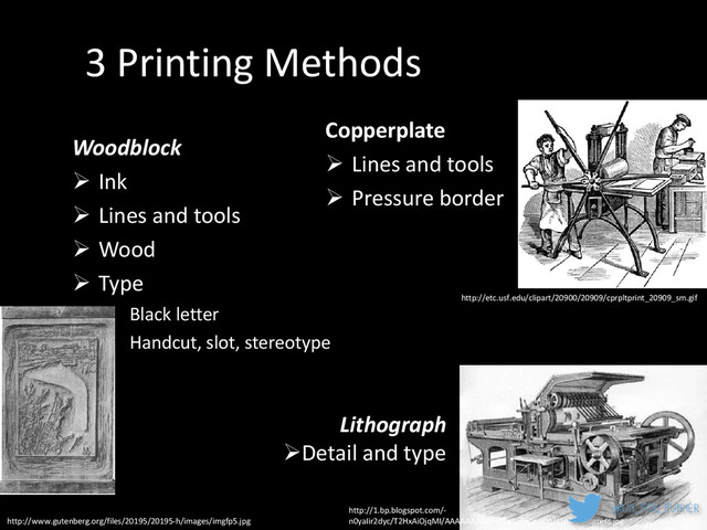 3 Printing Methods
Woodblock
 Ink
 Lines and tools
 Wood
 Type
• Black letter
• Handcut, slot, stereotype
Copperplate
 Lines and tools
 Pressure border
http://www.gutenberg.org/files/20195/20195-h/images/imgfp5.jpg
Lithograph
Detail and type
http://1.bp.blogspot.com/-
n0yaIir2dyc/T2HxAiOjqMI/AAAAAAAAAFI/Op3eGe_zoDo/s1600/oldpress.jpg
http://etc.usf.edu/clipart/20900/20909/cprpltprint_20909_sm.gif

