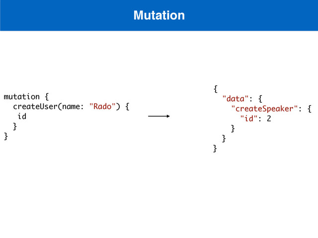 Mutation
 
mutation {
createUser(name: "Rado") {
id
}
}
{
"data": {
"createSpeaker": {
"id": 2
}
}
}
