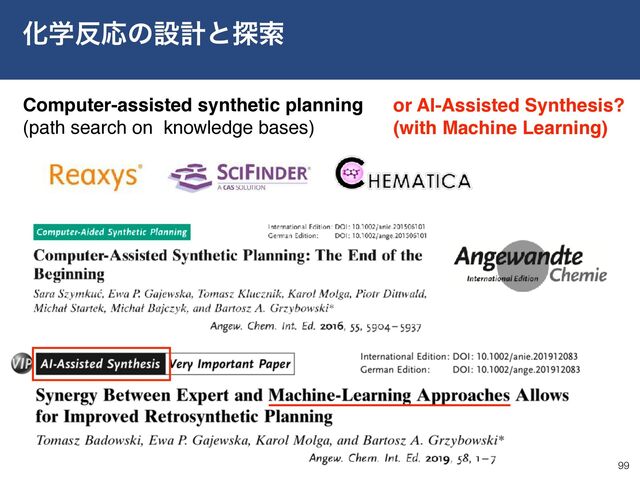 99
Խֶ൓Ԡͷઃܭͱ୳ࡧ
Computer-assisted synthetic planning
(path search on knowledge bases)
or AI-Assisted Synthesis?
(with Machine Learning)
