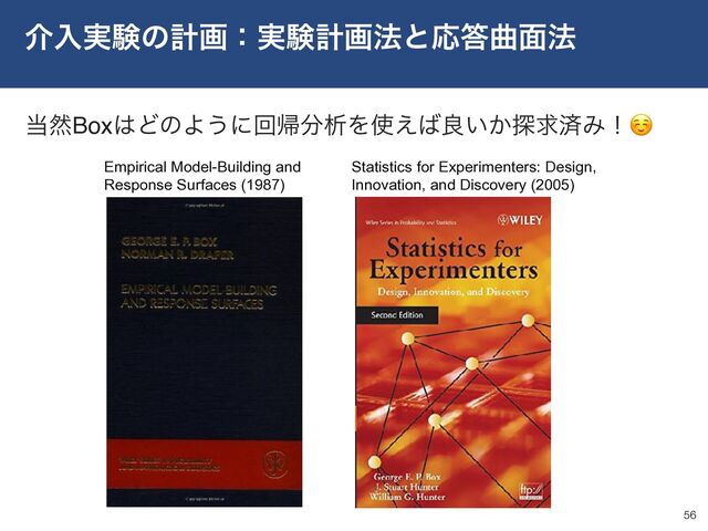 հೖ࣮ݧͷܭըɿ࣮ݧܭը๏ͱԠ౴ۂ໘๏
56
౰વBox͸ͲͷΑ͏ʹճؼ෼ੳΛ࢖͑͹ྑ͍͔୳ٻࡁΈʂ☺
Empirical Model-Building and
Response Surfaces (1987)
Statistics for Experimenters: Design,
Innovation, and Discovery (2005)
