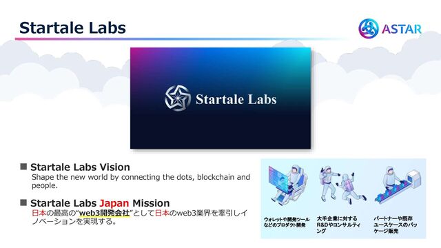 Startale Labs
◼ Startale Labs Vision
Shape the new world by connecting the dots, blockchain and
people.
◼ Startale Labs Japan Mission
日本の最高の“web3開発会社”として日本のweb3業界を牽引しイ
ノベーションを実現する。

