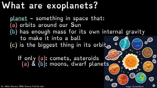What are exoplanets?
Dr. Abbie Stevens, MSU Science Festival 2021
planet - something in space that:
(a) orbits around our Sun
(b) has enough mass for its own internal gravity
to make it into a ball
(c) is the biggest thing in its orbit
If only (a): comets, asteroids
(a) & (b): moons, dwarf planets
Image: VectorStock
