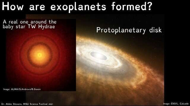 Image: ESO/L. Calçada
How are exoplanets formed?
Protoplanetary disk
Dr. Abbie Stevens, MSU Science Festival 2021
A real one around the
baby star TW Hydrae
Image: ALMA/S.Andrews/B.Saxon
