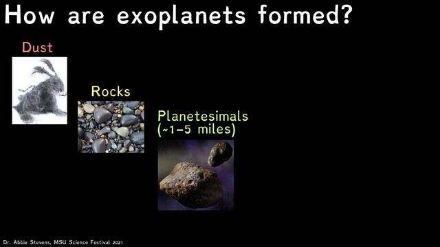 Dust
Rocks
Planetesimals
(~1-5 miles)
Dr. Abbie Stevens, MSU Science Festival 2021
How are exoplanets formed?
