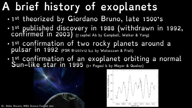 A brief history of exoplanets
• 1st theorized by Giordano Bruno, late 1500’s
• 1st published discovery in 1988 (withdrawn in 1992,
confirmed in 2003) (g cephei Ab by Campbell, Walker & Yang)
• 1st confirmation of two rocky planets around a
pulsar in 1992 (PSR B1257+12 b,c by Wolszczan & Frail)
• 1st confirmation of an exoplanet orbiting a normal
Sun-like star in 1995 (51 Pegasi b by Mayor & Queloz)
Dr. Abbie Stevens, MSU Science Festival 2021
