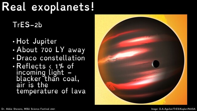 TrES-2b
• Hot Jupiter
• About 700 LY away
• Draco constellation
• Reflects < 1% of
incoming light -
blacker than coal,
air is the
temperature of lava
Image: D.A.Aguilar/TrES/Kepler/NASA
Dr. Abbie Stevens, MSU Science Festival 2021
Real exoplanets!
