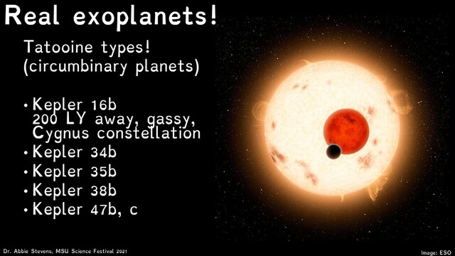 Tatooine types!
(circumbinary planets)
• Kepler 16b
200 LY away, gassy,
Cygnus constellation
• Kepler 34b
• Kepler 35b
• Kepler 38b
• Kepler 47b, c
Image: ESO
Dr. Abbie Stevens, MSU Science Festival 2021
Real exoplanets!
