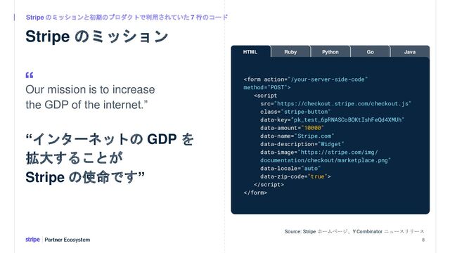 HTML Ruby Python Go Java




8
Stripe のミッションと初期のプロダクトで利用されていた 7 行のコード
Stripe のミッション
Source: Stripe ホームページ、Y Combinator ニュースリリース
Our mission is to increase
the GDP of the internet.”
“インターネットの GDP を
拡大することが
Stripe の使命です”
