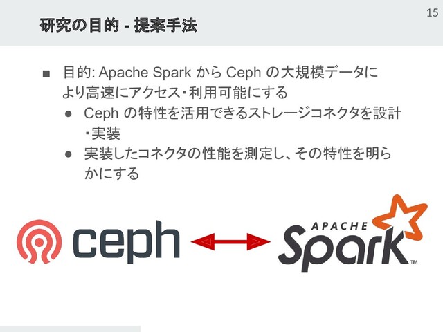 研究の目的 - 提案手法
15
■ 目的: Apache Spark から Ceph の大規模データに
より高速にアクセス・利用可能にする
● Ceph の特性を活用できるストレージコネクタを設計
・実装
● 実装したコネクタの性能を測定し、その特性を明ら
かにする
