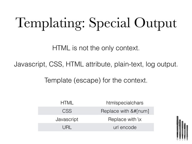 Templating: Special Output
HTML is not the only context.
Javascript, CSS, HTML attribute, plain-text, log output.
Template (escape) for the context.
HTML htmlspecialchars
CSS Replace with [num]
Javascript Replace with \x
URL url encode
