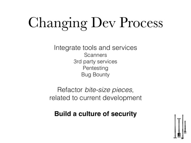 Changing Dev Process
Integrate tools and services
Scanners
3rd party services
Pentesting
Bug Bounty
Refactor bite-size pieces,
related to current development
Build a culture of security

