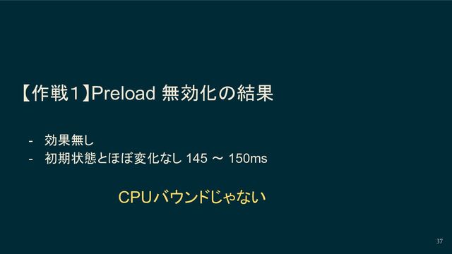 【作戦１】Preload 無効化の結果
- 効果無し
- 初期状態とほぼ変化なし 145 〜 150ms
37
CPUバウンドじゃない
