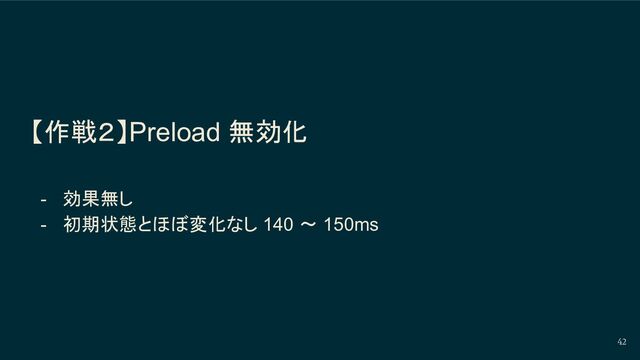 【作戦２】Preload 無効化
- 効果無し
- 初期状態とほぼ変化なし 140 〜 150ms
42

