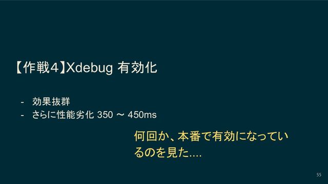 【作戦４】Xdebug 有効化
- 効果抜群
- さらに性能劣化 350 〜 450ms
55
何回か、本番で有効になってい
るのを見た....
