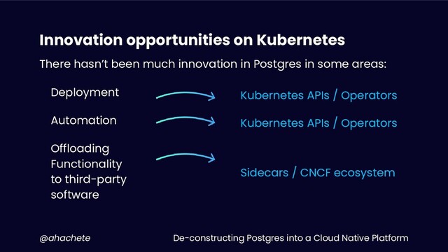 De-constructing Postgres into a Cloud Native Platform
@ahachete
Innovation opportunities on Kubernetes
Kubernetes APIs / Operators
Kubernetes APIs / Operators
Sidecars / CNCF ecosystem
There hasn’t been much innovation in Postgres in some areas:
Deployment
Automation
Offloading
Functionality
to third-party
software

