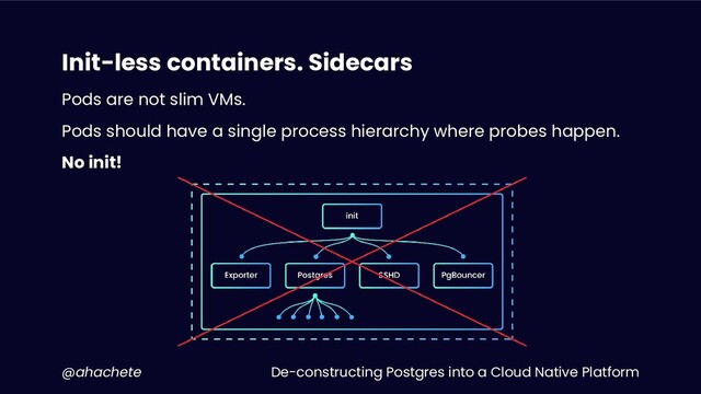 De-constructing Postgres into a Cloud Native Platform
@ahachete
Init-less containers. Sidecars
Pods are not slim VMs.
Pods should have a single process hierarchy where probes happen.
No init!
