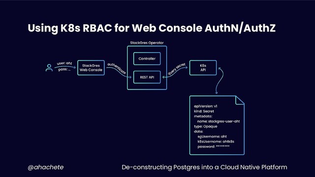 De-constructing Postgres into a Cloud Native Platform
@ahachete
Using K8s RBAC for Web Console AuthN/AuthZ
