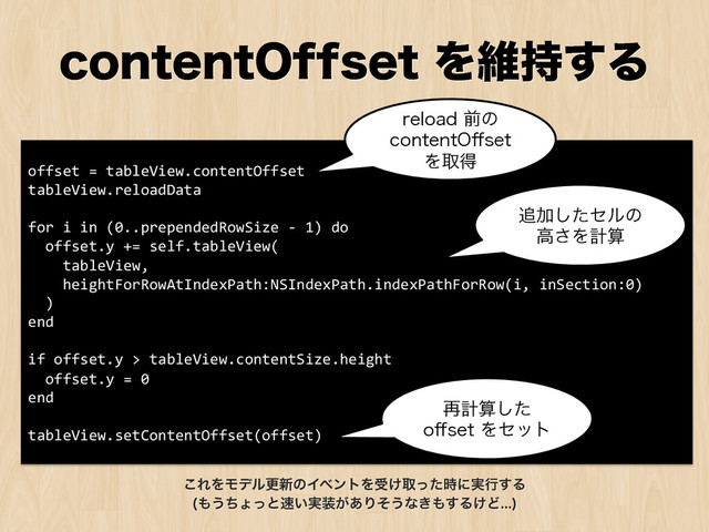 DPOUFOU0GGTFUΛҡ࣋͢Δ
offset	  =	  tableView.contentOffset	  
tableView.reloadData	  
	  
for	  i	  in	  (0..prependedRowSize	  -­‐	  1)	  do	  
	  	  offset.y	  +=	  self.tableView(	  
	  	  	  	  tableView,	  
	  	  	  	  heightForRowAtIndexPath:NSIndexPath.indexPathForRow(i,	  inSection:0)	  
	  	  )	  
end	  
	  
if	  offset.y	  >	  tableView.contentSize.height	  
	  	  offset.y	  =	  0	  
end	  
	  
tableView.setContentOffset(offset)	  
SFMPBEલͷ
DPOUFOU0⒎TFU
Λऔಘ
௥Ճͨ͠ηϧͷ
ߴ͞Λܭࢉ
࠶ܭࢉͨ͠
P⒎TFUΛηοτ
͜ΕΛϞσϧߋ৽ͷΠϕϯτΛड͚औͬͨ࣌ʹ࣮ߦ͢Δ
΋͏ͪΐͬͱ଎͍࣮૷͕͋Γͦ͏ͳ͖΋͢Δ͚Ͳ

