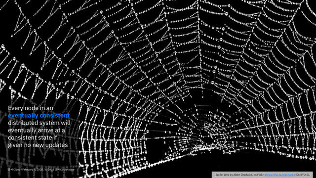 Every node in an
eventually consistent
distributed system will
eventually arrive at a
consistent state if
given no new updates
IBM Cloud / February 9, 2018 / © 2018 IBM Corporation
Spider Web by Alden Chadwick, on Flickr  (CC BY 2.0).
