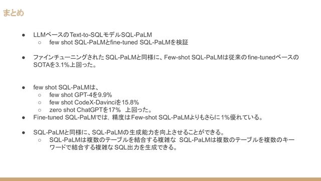 まとめ
● LLMベースのText-to-SQLモデルSQL-PaLM
○ few shot SQL-PaLMとfine-tuned SQL-PaLMを検証
● ファインチューニングされた SQL-PaLMと同様に、Few-shot SQL-PaLMは従来のfine-tunedベースの
SOTAを3.1%上回った。
● few shot SQL-PaLMは、
○ few shot GPT-4を9.9%
○ few shot CodeX-Davinciを15.8%
○ zero shot ChatGPTを17%　上回った。
● Fine-tuned SQL-PaLMでは，精度はFew-shot SQL-PaLMよりもさらに1%優れている。
● SQL-PaLMと同様に、SQL-PaLMの生成能力を向上させることができる。
○ SQL-PaLMは複数のテーブルを結合する複雑な SQL-PaLMは複数のテーブルを複数のキー
ワードで結合する複雑な SQL出力を生成できる。
