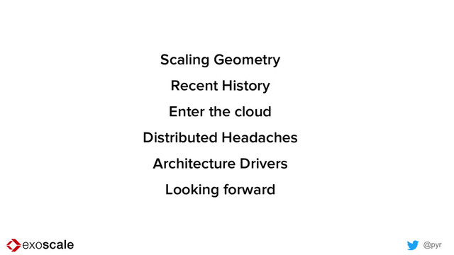 @pyr
Scaling Geometry
Recent History
Enter the cloud
Distributed Headaches
Architecture Drivers
Looking forward
