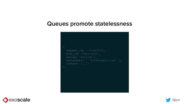 @pyr
Queues promote statelessness
{
request_id: "97d4f7b3",
host_id: "64e4-41b5",
action: "mailout",
recipients: [ "foo@example.com" ],
content: "..."
}
