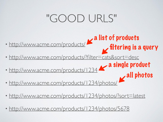 "GOOD URLS"
• http://www.acme.com/products/
• http://www.acme.com/products/?ﬁlter=cats&sort=desc
• http://www.acme.com/products/1234
• http://www.acme.com/products/1234/photos/
• http://www.acme.com/products/1234/photos/?sort=latest
• http://www.acme.com/products/1234/photos/5678
a list of products
ﬁltering is a query
a single product
all photos

