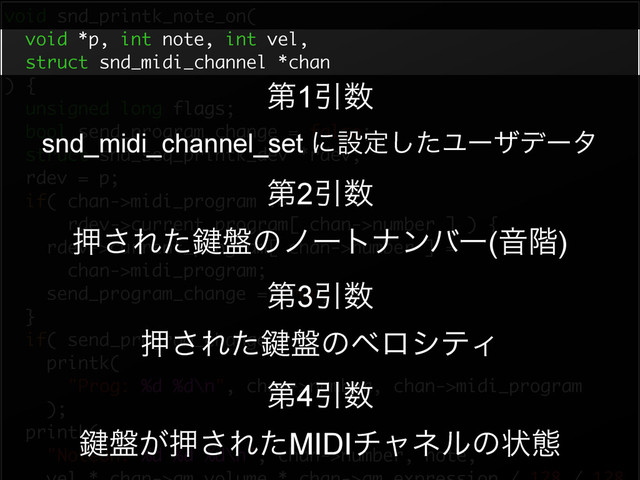 void snd_printk_note_on(
void *p, int note, int vel,
struct snd_midi_channel *chan
) {
unsigned long flags;
bool send_program_change = false;
struct snd_seq_printk_dev *rdev;
rdev = p;
if( chan->midi_program !=
rdev->current_program[ chan->number ] ) {
rdev->current_program[ chan->number ] =
chan->midi_program;
send_program_change = true;
}
if( send_program_change )
printk(
"Prog: %d %d\n", chan->number, chan->midi_program
);
printk(
"NoteOn: %d %d %d\n”, chan->number, note,
ୈ2Ҿ਺
ԡ͞Εͨ伴൫ͷϊʔτφϯόʔ(Ի֊)
ୈ3Ҿ਺
ԡ͞Εͨ伴൫ͷϕϩγςΟ
ୈ1Ҿ਺
snd_midi_channel_set ʹઃఆͨ͠Ϣʔβσʔλ
ୈ4Ҿ਺
伴൫͕ԡ͞ΕͨMIDIνϟωϧͷঢ়ଶ
