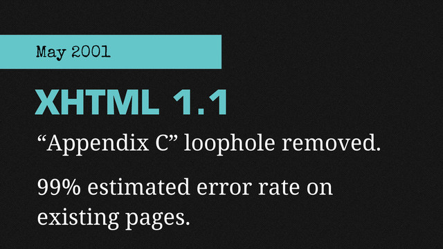 “Appendix C” loophole removed.
99% estimated error rate on
existing pages.
XHTML 1.1
May 2001

