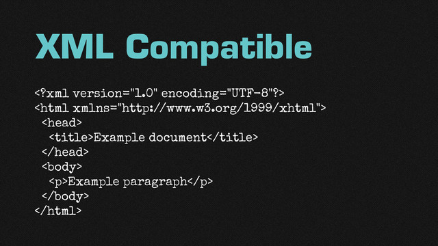 XML Compatible



Example document


<p>Example paragraph</p>


