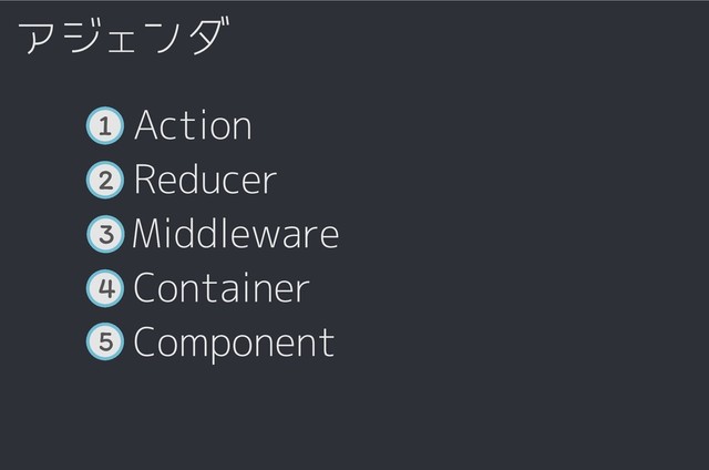 Component
3
Container
4
Middleware
5
Reducer
2
Action
1
アジェンダ
