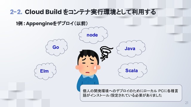 1例 : Appengineをデプロイ（以前）
21
2-2. Cloud Build をコンテナ実行環境として利用する
Go
Elm
node
Java
Scala
個人の開発環境へのデプロイのためにローカル PCに各種言
語がインストール/設定されている必要がありました
