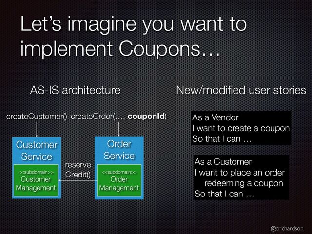 @crichardson
Let’s imagine you want to
implement Coupons…
Order
Service
<>


Order
Management
Customer
Service
<>


Customer
Management
createCustomer() createOrder(…, couponId)
reserve


Credit()
As a Vendor


I want to create a coupon


So that I can …
As a Customer


I want to place an order


redeeming a coupon


So that I can …
AS-IS architecture New/modi
fi
ed user stories
