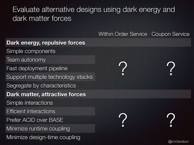 @crichardson
Evaluate alternative designs using dark energy and
dark matter forces
Within Order Service Coupon Service
Dark energy, repulsive forces
Simple components


? ?
Team autonomy
Fast deployment pipeline
Support multiple technology stacks


Segregate by characteristics


Dark matter, attractive forces
Simple interactions
? ?
Ef
fi
cient interactions
Prefer ACID over BASE


Minimize runtime coupling


Minimize design-time coupling
