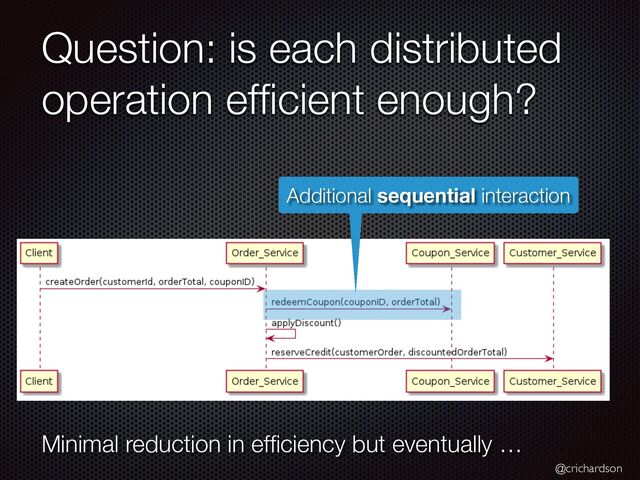@crichardson
Question: is each distributed
operation ef
fi
cient enough?
Additional sequential interaction
Minimal reduction in ef
fi
ciency but eventually …
