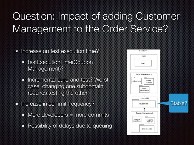 Question: Impact of adding Customer
Management to the Order Service?
Increase on test execution time?


testExecutionTime(Coupon
Management)?


Incremental build and test? Worst
case: changing one subdomain
requires testing the other


Increase in commit frequency?


More developers = more commits


Possibility of delays due to queuing
Order Service
main
main
Order Management
orders.web
couponAPI
orders.
domain
Coupon Management
coupons.
persistence
orders.
persistence
coupons.
domain
coupons.web
coupons.api
Stable?
