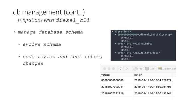 • manage database schema
• evolve schema
• code review and test schema
changes
db management (cont..)
migrations with diesel_cli
